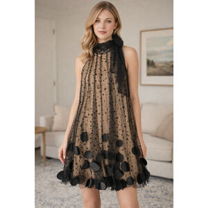 Ryu Tulle Bow-Tie Halter Dress Womens Medium Black Swing Swiss Dot Party Whimsy